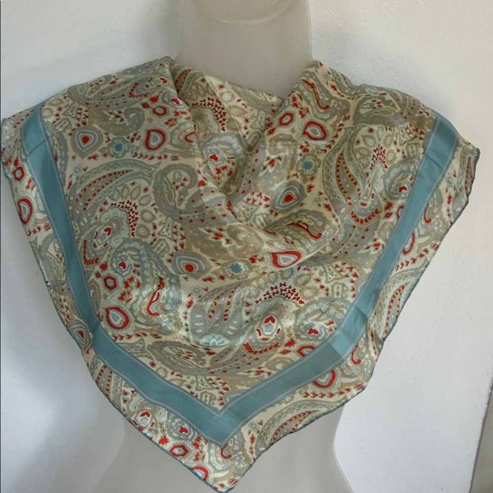 Vintage 100% Silk Paisley Scarf - Blue & Crimson - Hand Rolled Edges